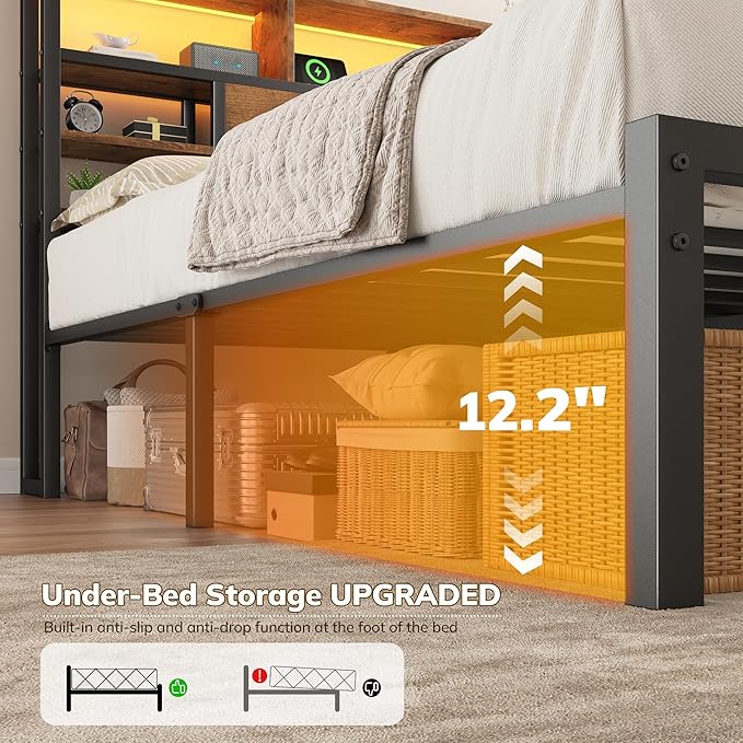 Full Size Bed Frame with Storage Headboard, LED Lights & Charging Station Heavy Duty Metal Platform Bed for Small Bedrooms, 1100 LBS Capacity, No Box Spring Needed, Easy Assembly,Vintage Brown