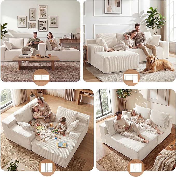 Cloud Sectional Boneless Couches for Living Room, Modular L Shaped Couch with Deep Seat Oversized Left Facing Chaise, Memory Foam Compressed Spineless 3 Seater Sofa for Apartment, Beige | No Assembly Required, Deep Seat, Cat-Claw Resistant, Flexible Mo...