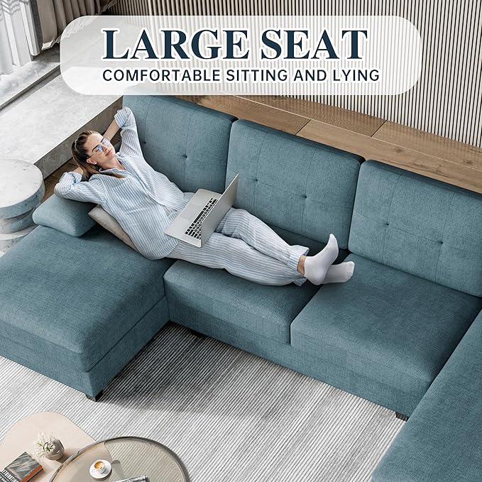 Meilocar Sectional Couches for Living Room, 106 in U Shaped Couch Soft Sectional Sofa with Double Chaise, Comfortable 4 Seat Sofa Couch (Blue) | Breathable Fabric, Double Chaise