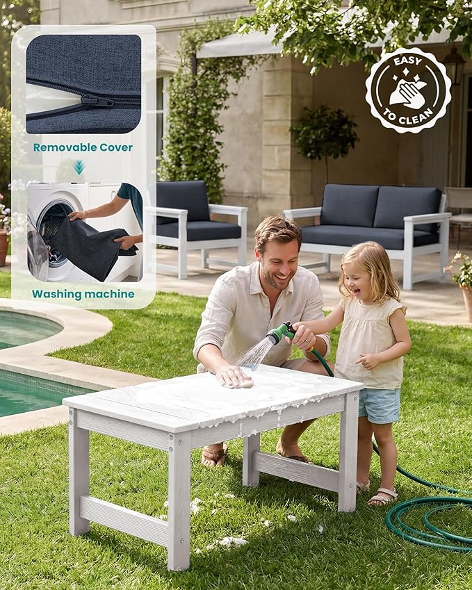 SERWALL HDPE Outdoor Loveseat with Cushions, All Weather Use Outdoor Loveseat Sofa, White Frame/Grey Cushion