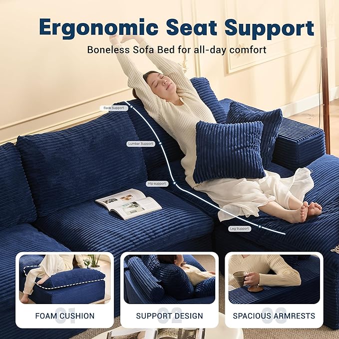 106.3” Sectional Couches for Living Room, Set of Cloud Couch, Modular Sectional Sofa, Convertible Sofas Bed, Deep Seat Sofa, U Shaped Cozy Sofa Furniture Set, Corduroy, Blue