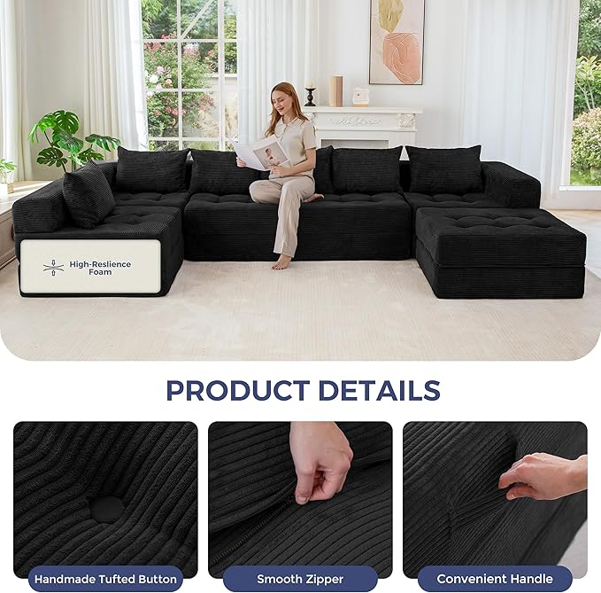 MAXYOYO Modular Sectional Sofa Couch, Foldable U Shaped Cloud Couch with Pillows, Tufted 7-Seat Boneless Sleeper Lounger Floor Sofa Bed for Living Room, No Assembly Required, Black