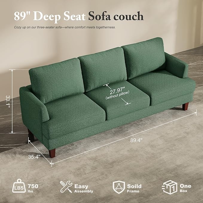 3 Seater Sofa Couch with Deep Seats, 89" Mid Century Modern Upholstered Sofa with Armrests, Comfy Couches for Living Room, Bedroom, Apartment and Office (Green)
