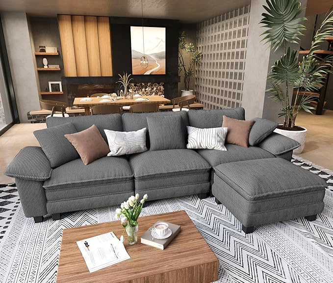 L Shaped Modular Cloud Couch, 123.6'' Comfy Corduroy Sectional Sofa with Wider Armrest and Ottoman, Upholstered 4-Seat Modern Deep Seat for Bedroom Living Room, Grey