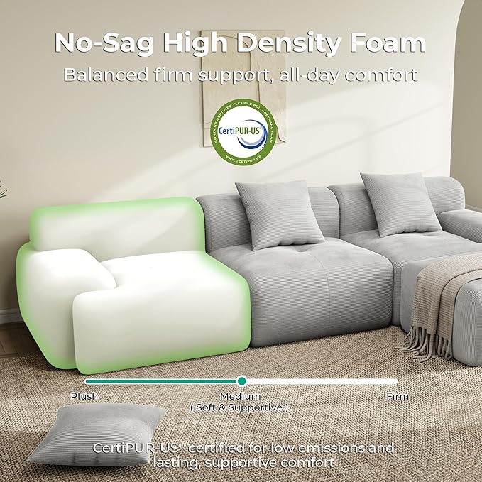 LIKIMIO LumiCord Modular Sectional Sofa with Ottoman, 118" L-Shaped Boneless Couch for Living Room, Oversized Deep Seat with Corduroy Upholstery, No Assembly Required, Grey
