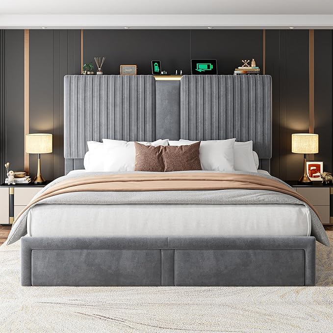 Homkdom Queen Bed Frame with Velvet Storage Headboard, 2 Large Drawers & 3 Charging Ports, 51.3" Tall Platform Bed Frame Queen Size, Sturdy Wood Slats, No Box Spring Needed, Grey