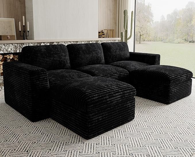 Belffin Boneless Modular Cloud Sectional Couch with Deep Seat Plush Corduroy 3-Seater Boneless U Shaped Couch with Ottoman No Assembly Required. Black Sofa