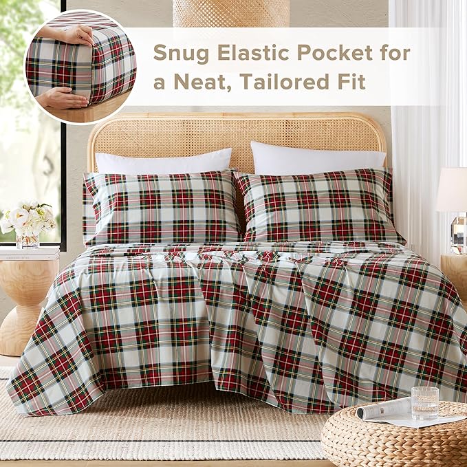 Comfort Spaces 100% Cotton Sheets Twin XL, Breathable, Naturally Cool Cotton Sheets, Cotton Bed Sheets 12" Elastic Pocket Fits up to 14" Mattress, All Seasons Sheet Set, Scottish Plaid Red 3 Piece