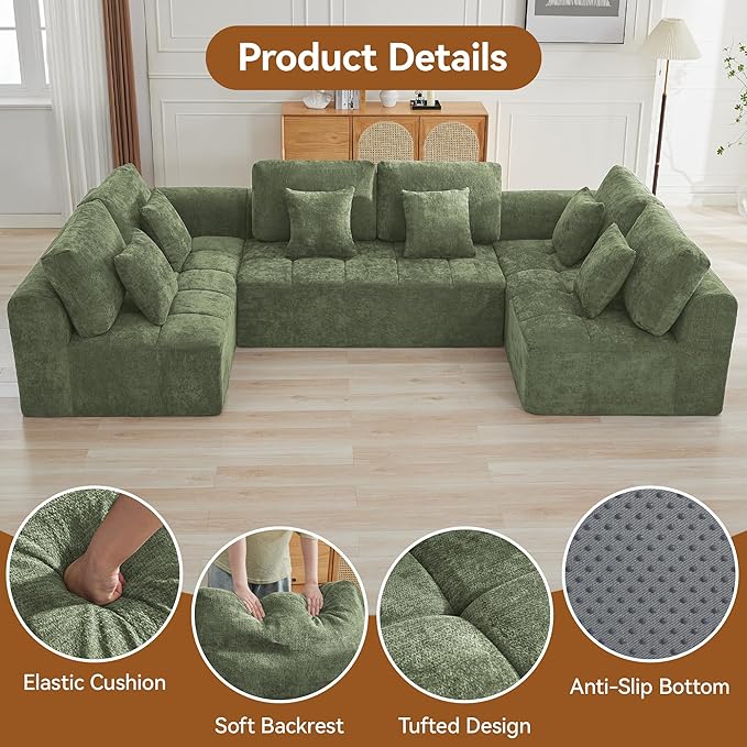 140''Modular Sectional Couches for Living Room, Cloud Boneless Compressed Sectional Sofa, Oversized U Shaped 6 Seater Upholstered Memory Foam Sofa, No Assembly, Chenille Green