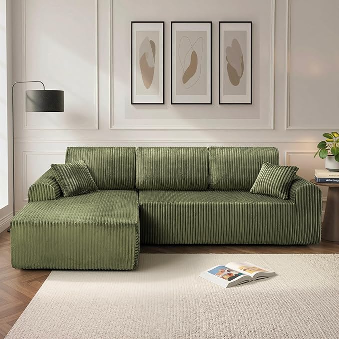 109“L-Shaped Sectional Sofa Boneless Couch Upholstery Cloud Modular Couch with Chaise No Assembly Required Corduroy Fabric Combination Deep Seat Living Room Bedroom(Green, Left Hand Facing)