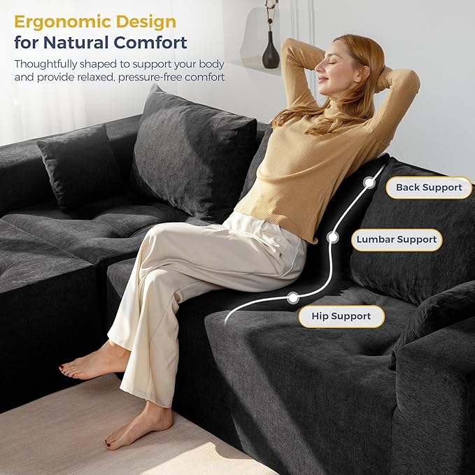 MAXYOYO Modular Sectional Sofa Couch, L Shaped Boneless Cloud Couch with Flexible Ottoman, Chenille Upholstered Living Room Sleeper Sofa Chair for Living Room, No Assembly Required, Black