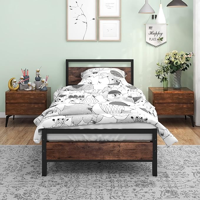 BOFENG Twin Size Bed Frame with Vintage Wood Headboard Farmhouse Bed,Heavy Duty Metal Platform Bed Frames No Box Spring Needed,Firm Mattress Foundation Steel Slat Support Easy Assembly(Brown)
