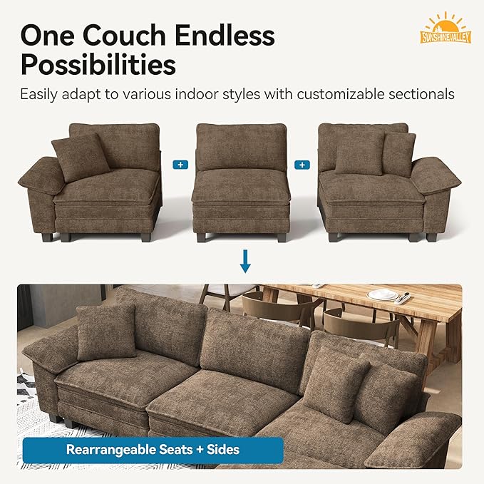 L Shaped Modular Cloud Couch, 157.5'' Oversized Chenille Sectional Sofa with Wider Armrest and Ottoman, Upholstered 5-Seat Modern Deep Seat for Bedroom Living Room, Taupe
