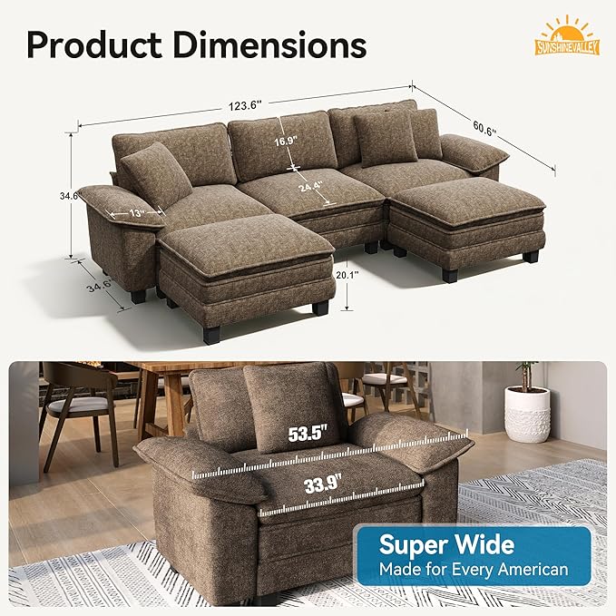 U Shaped Modular Cloud Couch, 123.6'' Comfy Chenille Sectional Sofa with Wider Armrest and Ottoman, Upholstered 5-Seat Modern Deep Seat for Bedroom Living Room, Taupe