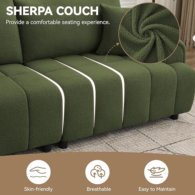 88 "Modern Boucle Sofa Couch, Oversized Comfy 3 Seater Sherpa Curved Sofas Deep Seat, Upholstered Loveseat Teddy Round Arm Couches for Living Room, Bedroom, Green