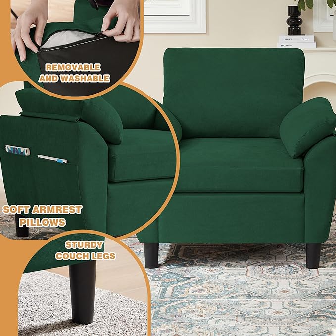 4 Piece Convertible Sectional Sofa Set, Modern Linen Small L Shaped Couch with Reversible Chaise, 3-Seater Sofa & Loveseat & Armchair for Living Room, Office, Apartment, Green