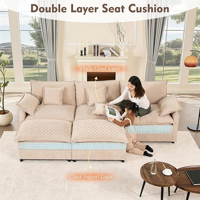108" U Shaped Couch, Modular Sectional Sofa, 3-Seater Comfy Cloud Couch, Set of Modular Pieces with Movable Ottoman, Deep Seat Couches for Living Room, Chenille, Flat White