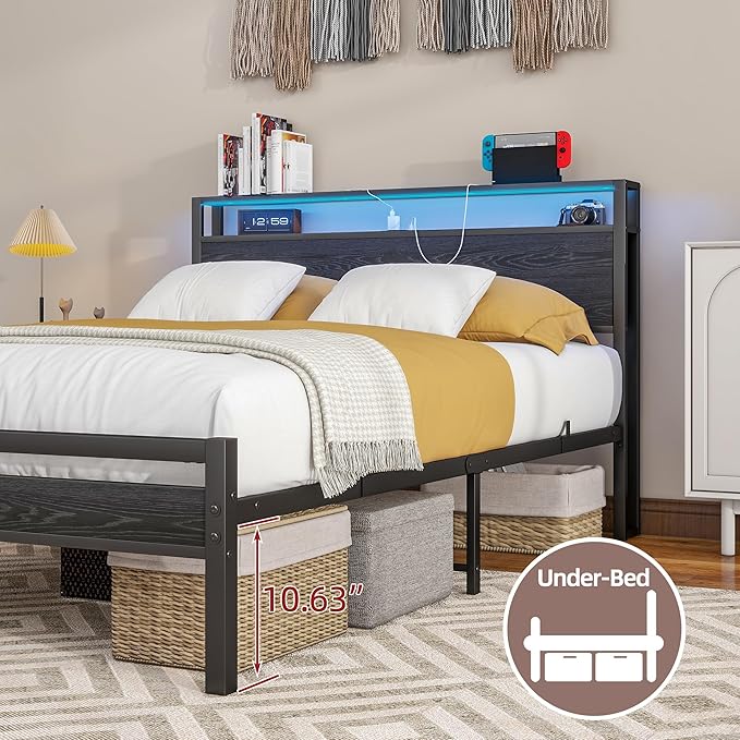 BOFENG Full Size Bed Frame with Wood Storage Headboard/LED Lights,Heavy Duty Platform Metal Bed Frame Full Size with Charging Station No Box Spring Needed,Strong Metal Support,Noise Free,Black