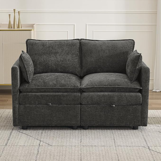 55" Cloud Modular Loveseat Sofa with Storage, Modern Upholstered Sofa Couch Small Love Seat，2 Seater Chenille Comfy Sectional Sofa with Armrests for Living Room, Small Space, Dark Grey | Loveseat Sofa, Upholstered Couch, Small LoveSeat, Sectional Sofa,...