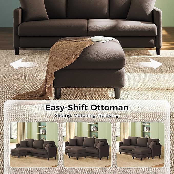 83" Couches for Living Room, Comfy Sofas for Living Room with Storage Ottoman, Teddy Sofa Couch, Tool-Free Loveseat Sofa, All-Wood Love Seat Couches, L Shaped Couch 2 Pillow Included, Khaki