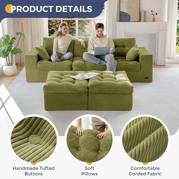 MAXYOYO 104" U Shaped Modular Sectional Sofa with 2 Ottomans, Cloud Boneless Couch with Layered Cushion, Flexible Module Combination Sofa for Living Room, No Assembly Required, Green