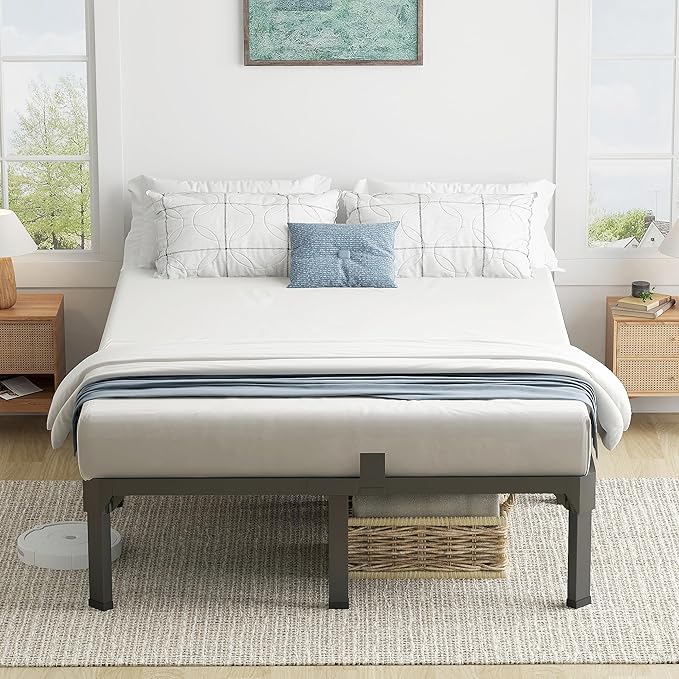 Superay King Bed Frame with Mattress Slide Stopper, 18 Inch Metal Platform Bed Frame, Heavy Duty Tall Bed Frame No Box Spring Needed with Large Storage Space, Easy Assembly, Noise Free