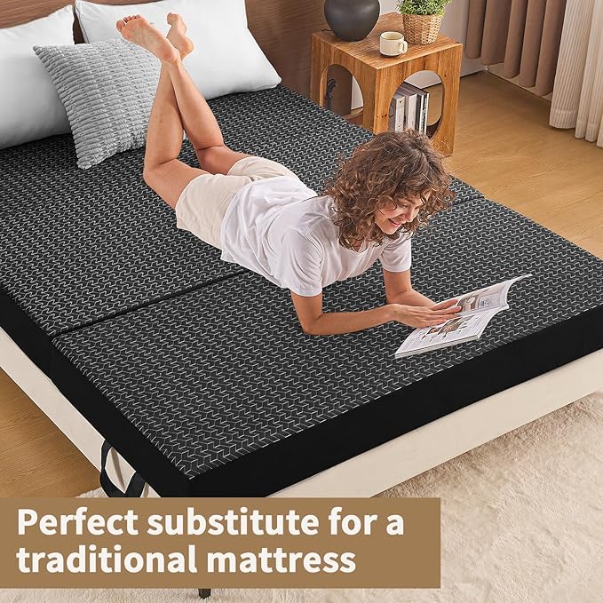 CYMULA Folding Mattress Queen Size, Memory Foam 6 inch Tri Portable Trifold Mattress Futon Topper Queen with Breathable & Washable Cover, Murphy Bed Guest Bed,Black (58"x75"x6")