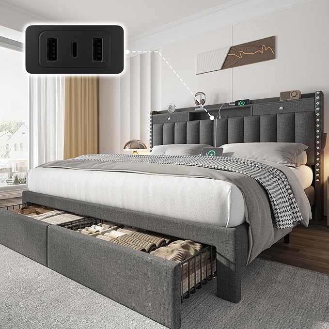 CypBed Queen Bed Frame with Headboard, Upholstered Platform Bed Frame Queen Size with 4 Storage Drawers, 3 USB & Type-C Charging Ports, Solid Wood Slats, No Box Spring Needed, No-Noise, Dark Grey,Gift