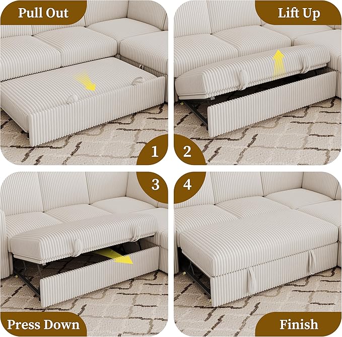 106.7" Sectional Sleeper Sofa with Pull Out Couch, Modern 7 Seat U Shaped Modular Couch, Sectionals Modular Sofa with Storage, Comfy Corduroy Couches Sectional for Living Room & Apartment, Beige