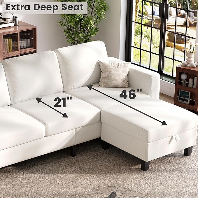 Sectional Sofa and Couches for Living Room, 78'' Beige 3 Seat L-Shaped Couch with Movable Ottoman, Comfy Linen Convertible Sectionals Sofas with Chaise for Apartment, Dorm, Small Space