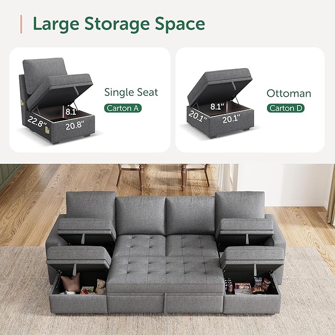 HONBAY Modular Sectional Sleeper Sofa with Pull Out Bed, Linen Convertible L Shaped Couch with Storage Seat, Sectional Couches for Living Room, Grey