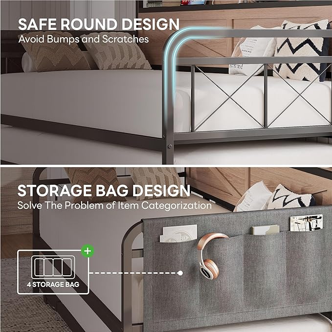 LIKIMIO Twin Daybed, Day Beds with Pop Up Trundle, Storage Headboard with Charging Station, Strong Supports for Apartment and Other Small Space, Wood Color