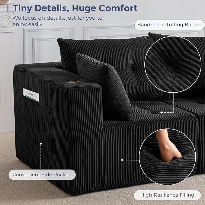 MAXYOYO Modular Sectional Sofa Couch, Loveseat Boneless Cloud Couch for Living Room, Sofa in A Box, Tufted Upholstered Cozy Chair with Cup Holders, No Assembly Required, Black