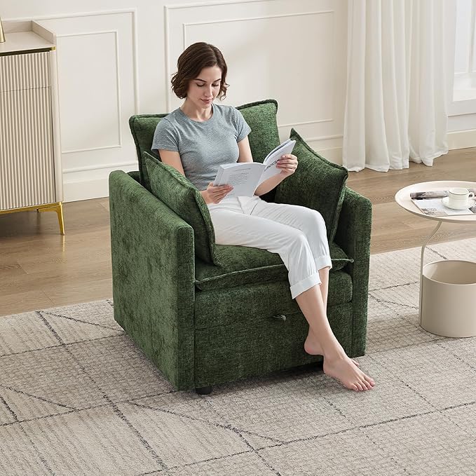 30" Cloud Modular Single Sofa Chair with Storage, Modern Upholstered Accent Chair Deep Seat, Chenille Reading Lounge Armchair for Living Room, Bedroom, Small Space, Green