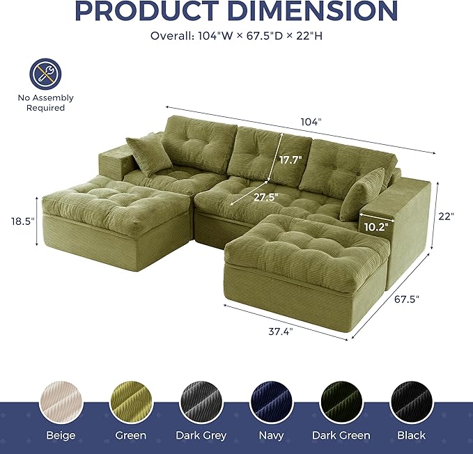 MAXYOYO 104" U Shaped Modular Sectional Sofa with 2 Ottomans, Cloud Boneless Couch with Layered Cushion, Flexible Module Combination Sofa for Living Room, No Assembly Required, Green