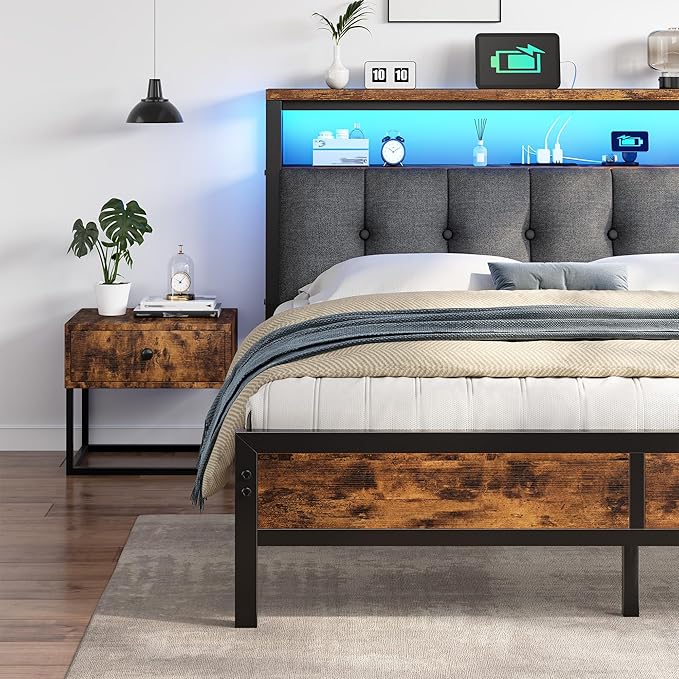 Homkdom Full Size Bed Frame with Charging Station and LED Lights, Grey Upholstered Headboard with 2-Tier Storage Shelves,12" Under-Bed Storage, No Sliding,Noise-Free,Easy Assembly,Vintage Brown