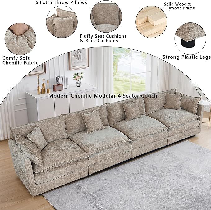 Setawix Chenille Cloud Couches for Living Room,4 Seater Cloud Sofa Couch with Deep Seat,147.22" Roomy Cloud Sofas,Modular Sectional 4 Seat Sofa with Pillows for Bedroom (Coffee, 4 Seater)