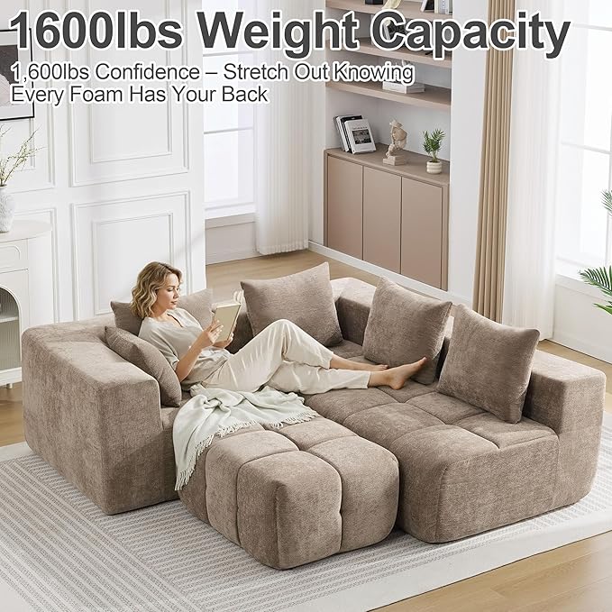 119" Boneless Couch, Cloud Sectional Couch with Deep Seat, High-Density Memory Foam and Chaise, Sectional L Shaped Sofa, Boneless Couches for Living Room, No Assembly Required Tufted Sofa, Brown