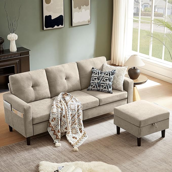 79" Convertible Sectional Sofa, Small L Shaped 3 Seat Couch with Storage Chaise and Side Pocket, Modern Linen Fabric Reversible Sofa Couches for Living Room, Apartment and Small Space