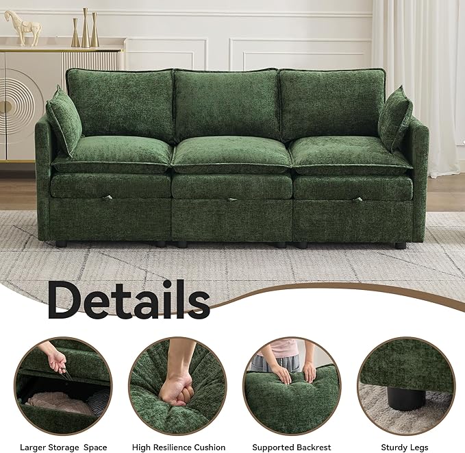 80" Cloud Modular 3 Seater Sofa with Storage, Modern Upholstered Storage Sofa Couch Deep Seat, Sectional Sofa Chenille Comfy Couch with Armrests for Living Room, Small Space, Green