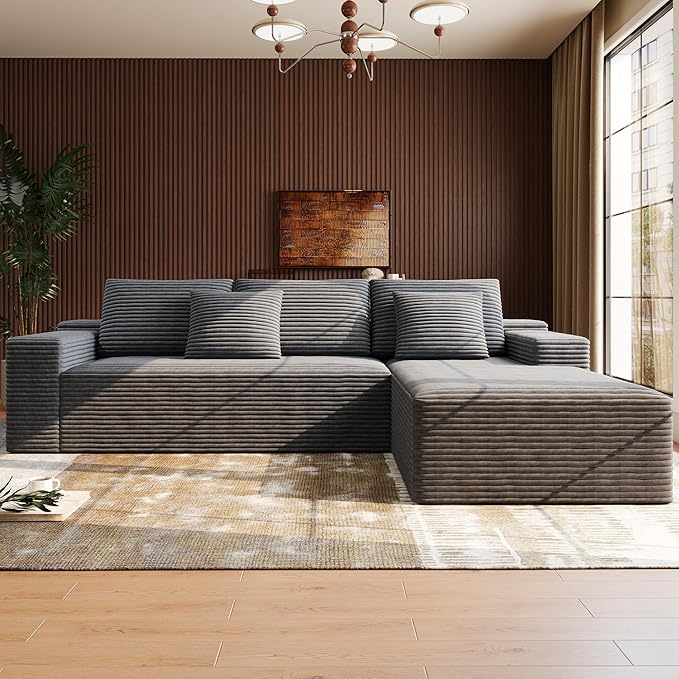 Boneless Modular Sectional Sofa, Cloud Couch with Right Facing Chaise, Oversized Deep Seat, L-Shaped, Soft Corduroy Fabric, Sectional Couch for Living Room -Grey