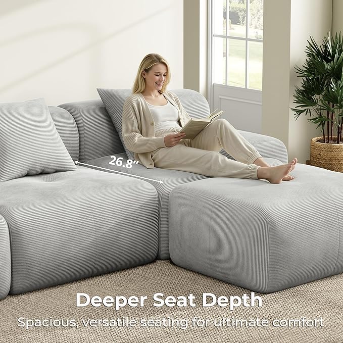 LIKIMIO LumiCord Modular Sectional Sofa with Ottoman, 118" L-Shaped Boneless Couch for Living Room, Oversized Deep Seat with Corduroy Upholstery, No Assembly Required, Grey