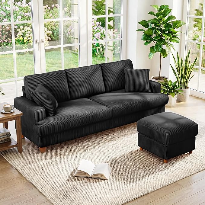 87" L shape Corduroy Couch, Sofa No Tool Assembly, Comfy Couches for Living Room 21in Deeper Seats, Corduroy Sofas for Living Room with 2 Pillows, Oversized Loveseat Sofa, Boho Love Seat, Black | Comfy Corduroy, Oversized 87in Couch, 850LB Tough, Tool-...