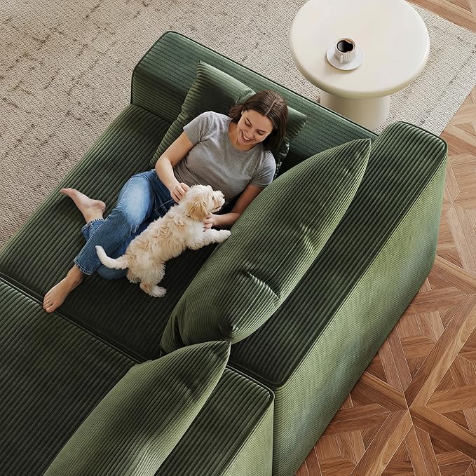 97" Cloud Couch Sectional, L-Shaped Corduroy Fluffy Modular Sofa with Deep Seat, Boneless Comfy Couches for Living Room,Bedroom,Right Facing Chaise, No Assembly Required (Green)