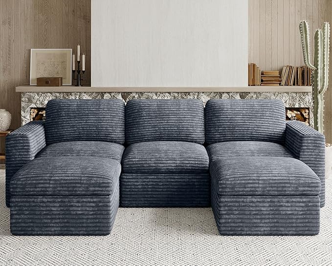 Belffin Boneless Modular Cloud Sectional Couch with Deep Seat Plush Corduroy 3-Seater Boneless U Shaped Couch with Ottoman No Assembly Required. Grey Sofa