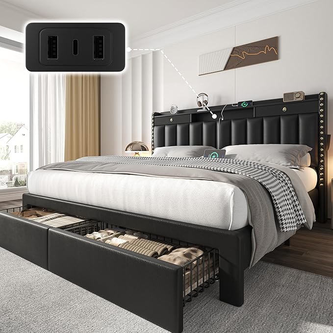 CypBed Queen Bed Frame with Headboard, Upholstered Platform Bed Frame Queen Size with 4 Storage Drawers, 3 USB & Type-C Charging Ports, Solid Wood Slats, No Box Spring Needed, No-Noise, Black,Gifts