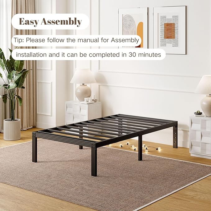 ZIYOO Twin Bed Frames with Heavy Duty Steel Slat, 14 Inches Platform Bed Frame, Non-Slip Design, No Box Spring Needed, Easy Assembly, Quiet Noise Free, Under Bed Storage Space, Black