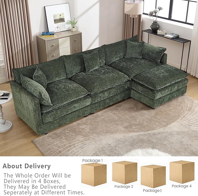 Setawix Deep 3 Seater Couch with Ottoman,112.2" L-Shaped Cloud Couches for Living Room,Chenille Cloud Sofa Couch with Deep Seat,Modular Sectional L Shape 3 Seat Sofa for Bedroom (Green, 3+1)