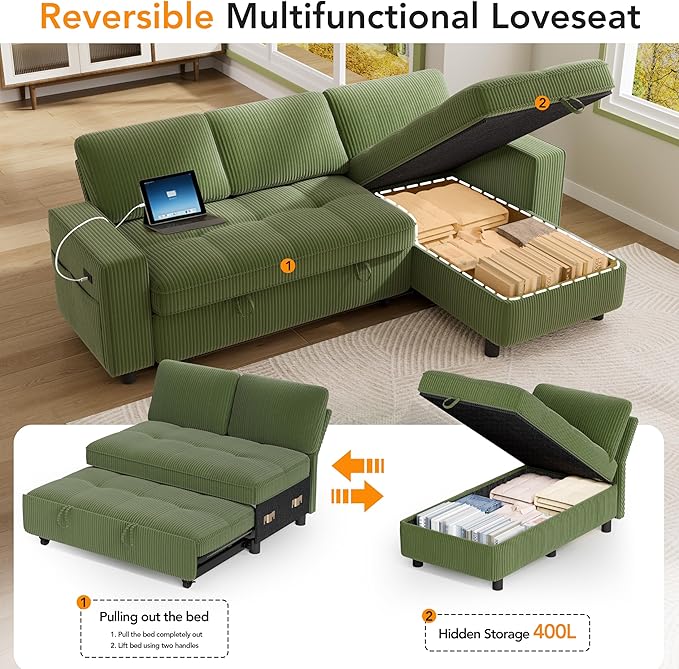 Vipbear Sectional Sleeper Couch with Pull Out Sofa Bed, L Shaped Plush Corduroy Couch with Reclining Backrest & Storage & USB Charging, Convertible Cloud Sectional Sofa Bed for Living Room, Green | Breathable material, Tool-Free Assembly, Reclining Bac...