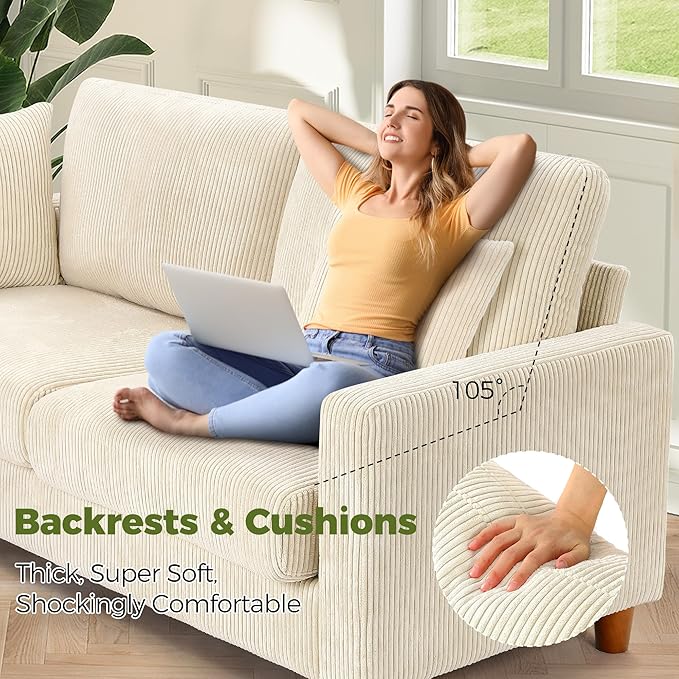 Kidirect 70in U Shaped Couch, Modular Sofa No Tool Assembly, Comfy Sectional Couches for Living Room 21in Deeper Seats, Corduroy Sofas for Living Room with 2 Pillows, Loveseat Sofa Set, Beige Couch | Comfy Corduroy, Oversized 70in Couch, 700LB Tough, T...